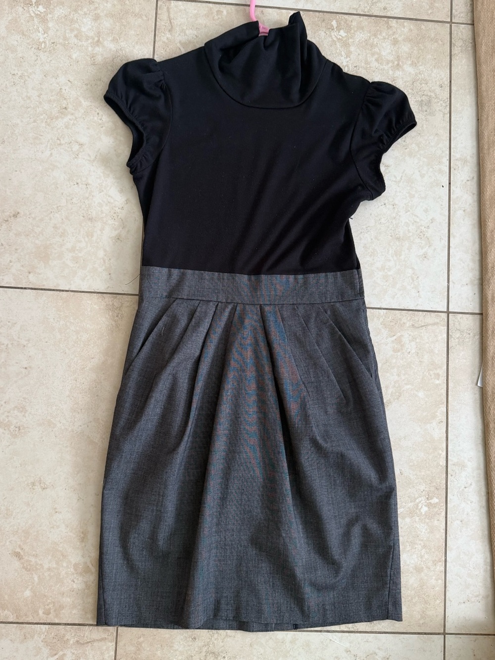 Black & Gray Short Sleeve Knit Top with Pleated Skirt Dress